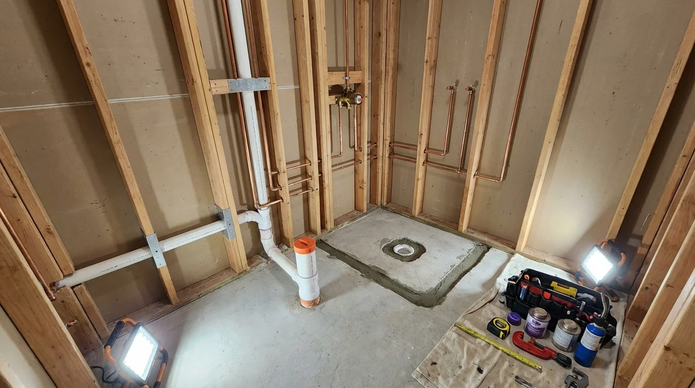 Bathroom rough-in plumbing during remodel by Johns Plumbing LLC in Baxter Springs