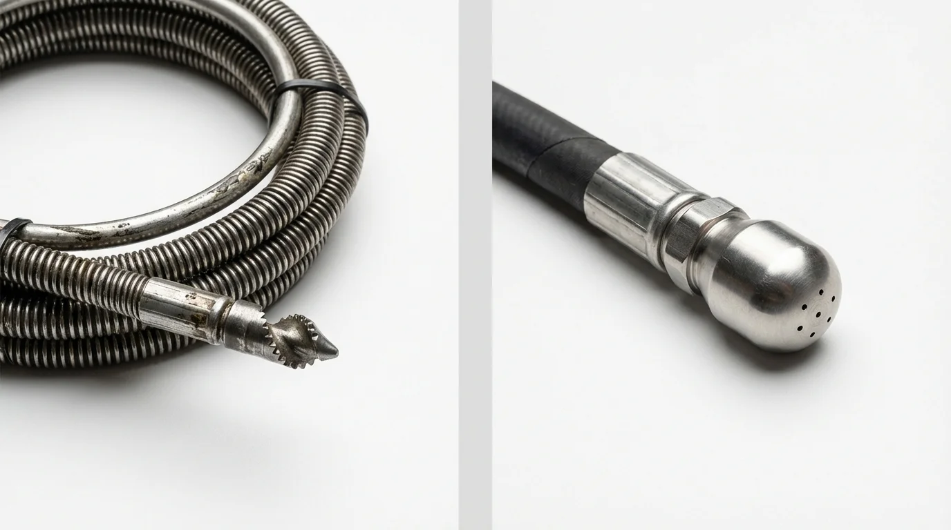 Drain snake cable and hydro jetting nozzle used for drain cleaning in Baxter Springs, KS