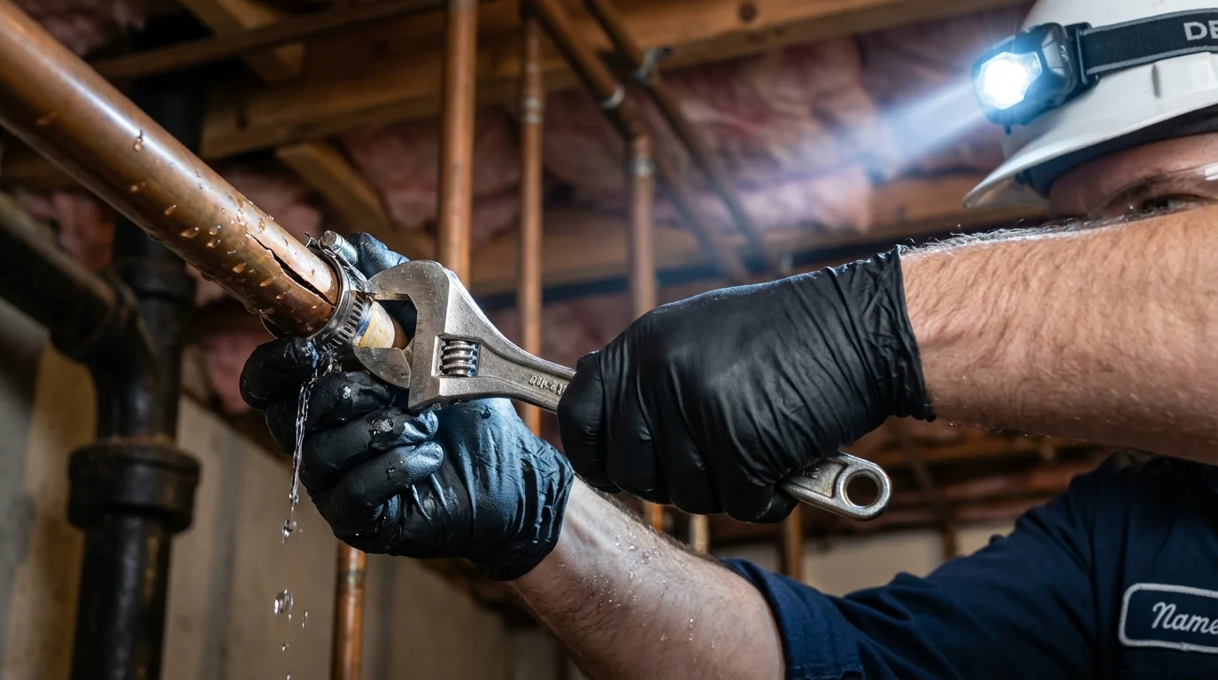 Emergency pipe clamp repair being performed by a Johns Plumbing LLC plumber in Baxter Springs