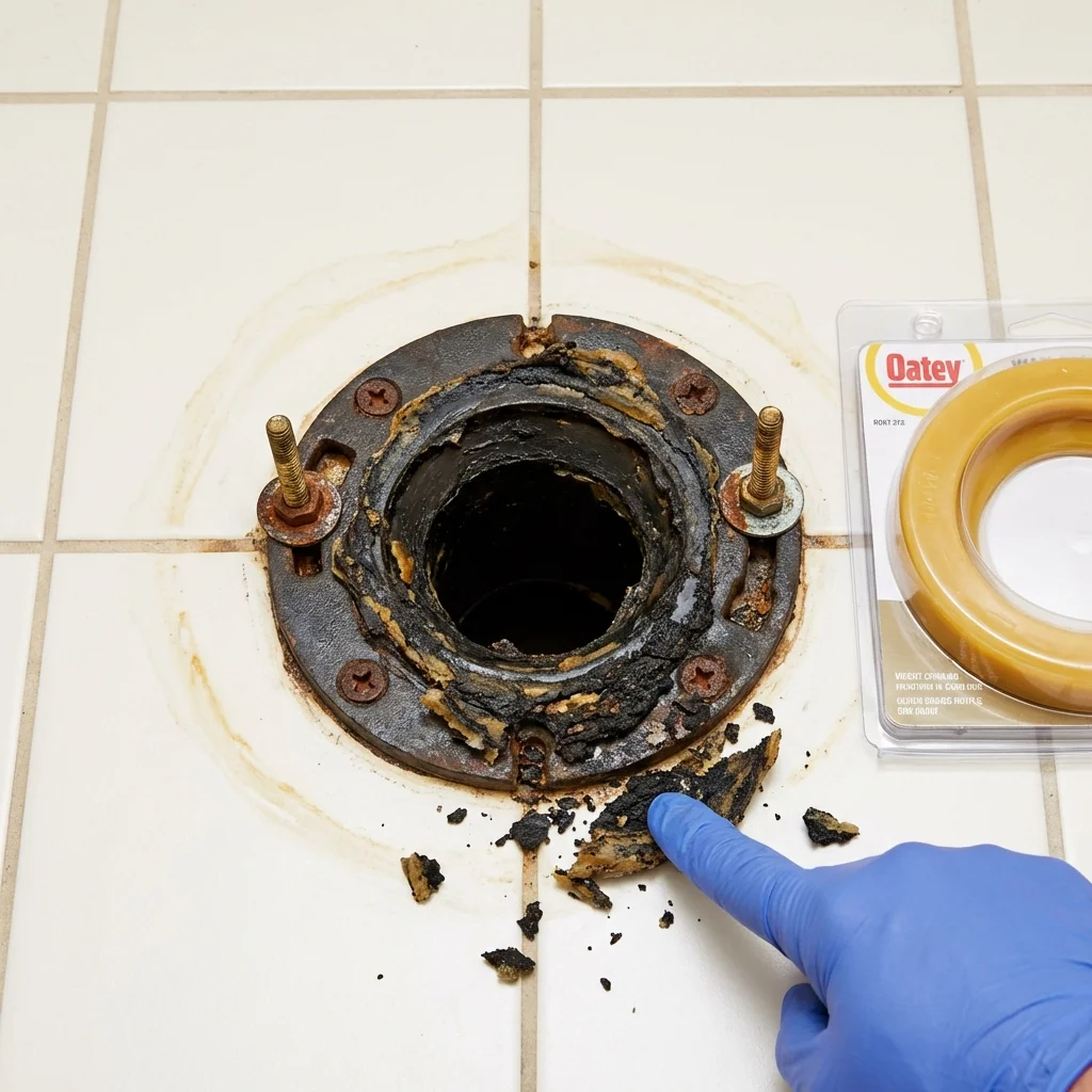 Failed wax ring showing water seepage at the base of a toilet in a Baxter Springs, KS home