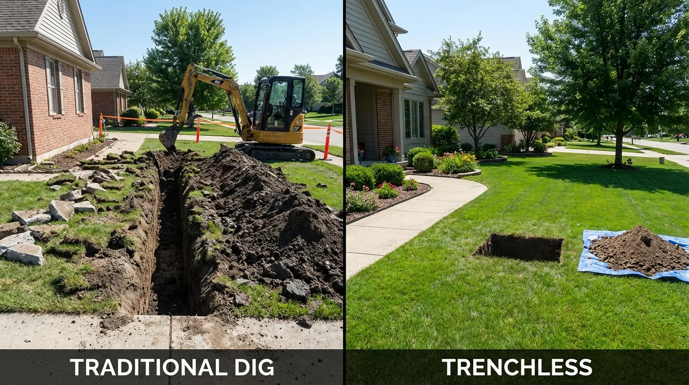 Trenchless sewer repair with minimal yard damage versus traditional excavation in Baxter Springs, KS