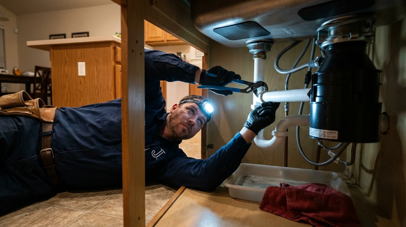 P-trap and supply line connections under a kitchen sink showing a common leak point in Baxter Springs, KS